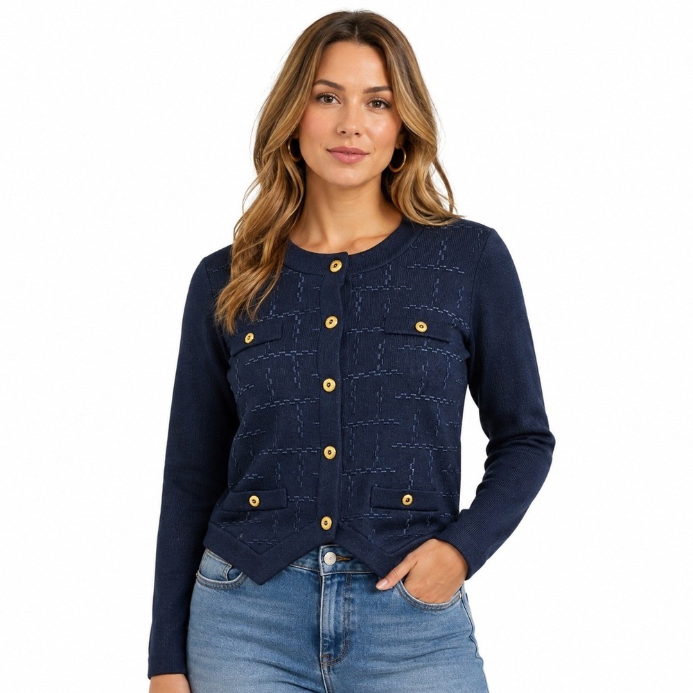 VTG Leslie Fay Knit Blazer 10 Navy Gold Button Union Made USA Preppy Jacket 90s